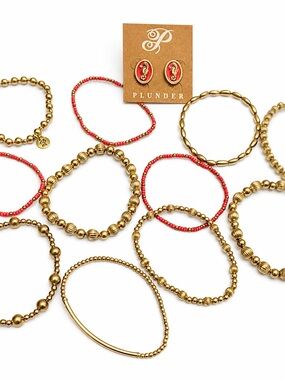 Plunder Gold Bracelet Stack Bundle Coral Beaded + Seahorse Earrings NWOT